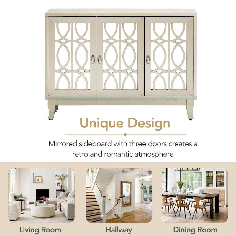 Buffet à 3 portes miroir avec poignée argentée pour salon et salle à manger