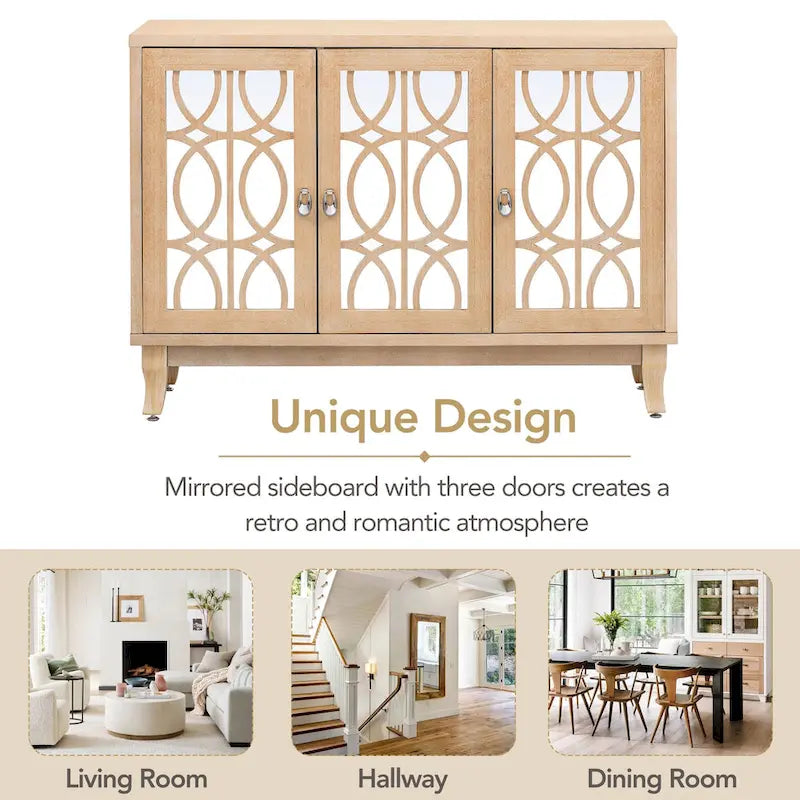 Buffet à 3 portes miroir avec poignée argentée pour salon et salle à manger