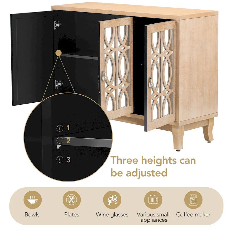 Buffet à 3 portes miroir avec poignée argentée pour salon et salle à manger