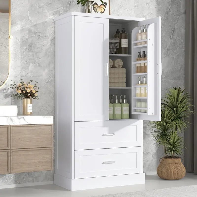 Armoire de rangement de salle de bain de 64 pouces de haut avec deux portes et tiroirs