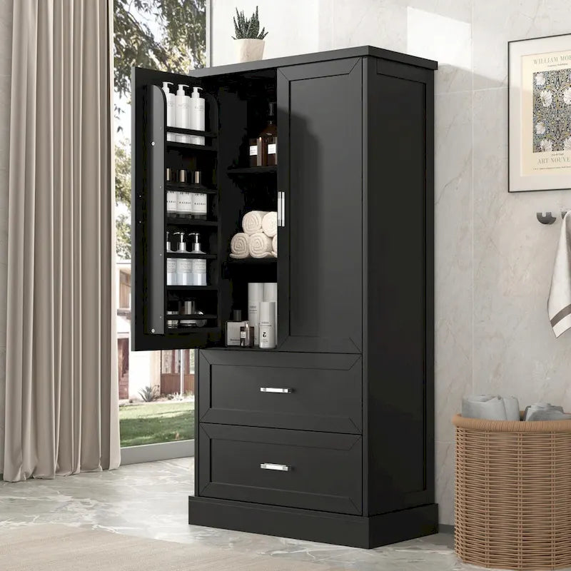 Armoire de rangement de salle de bain de 64 pouces de haut avec deux portes et tiroirs
