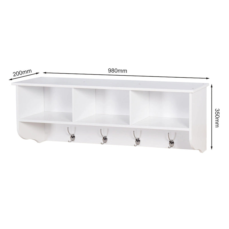 Porte-manteau mural blanc pour entrée avec 4 crochets doubles et étagère de rangement en bois pour salon
