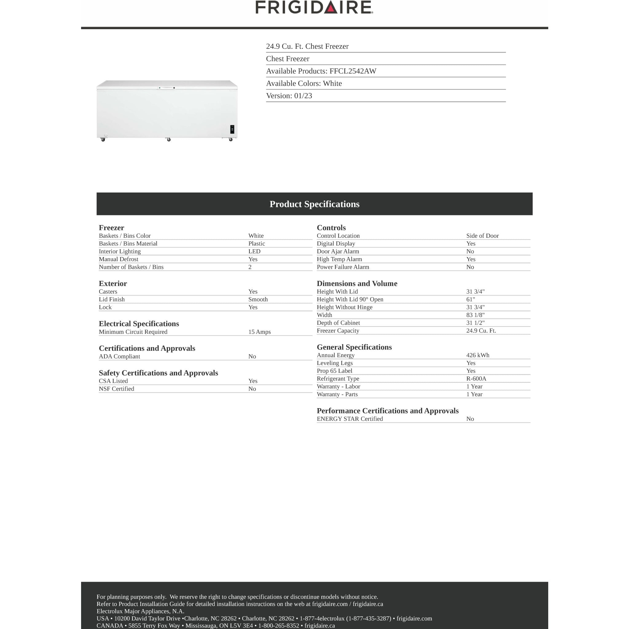 Congélateur coffre Frigidaire (FFCL2542AW) - Blanc