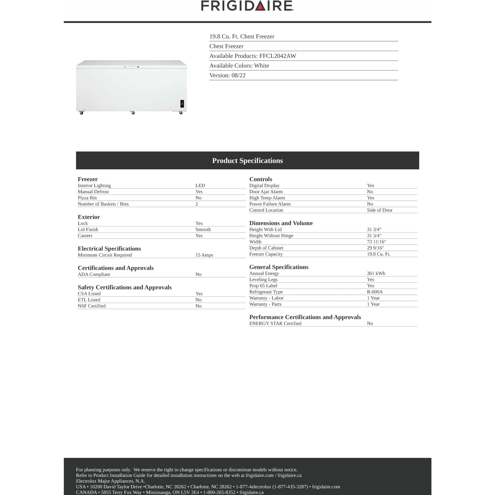 Congélateur coffre Frigidaire (FFCL2042AW) - Blanc